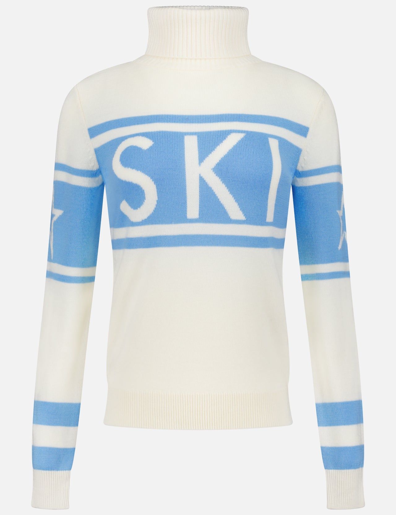 The Schild Fitted Ski Sweater by PERFECT MOMENT is a cream turtleneck with light blue stripes, bold white "SKI" lettering on the chest, and white stars on each sleeve—a stylish pick for winter sports.