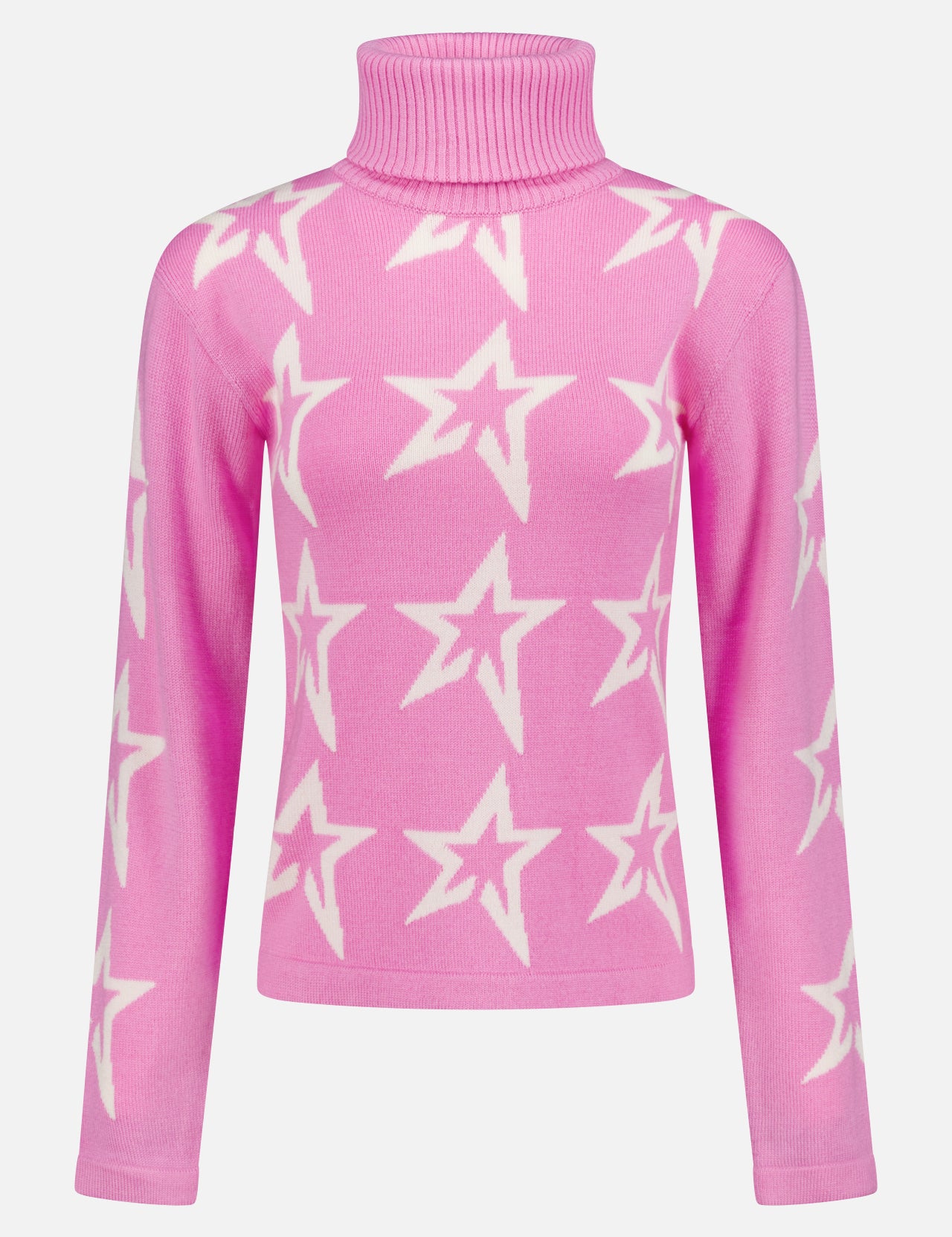 PERFECT MOMENT's Star Dust Fitted Sweater is a pink après-ski turtleneck with long sleeves, decorated with white stars across the front, sleeves, and neck.