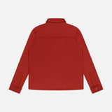 The Avi Wool Jersey Zip Unlined Jacket by PESCAROLO is shown from the back in solid red against a plain white background, featuring long sleeves, a collared design, buttoned cuffs, and a straight hem for Italian elegance.