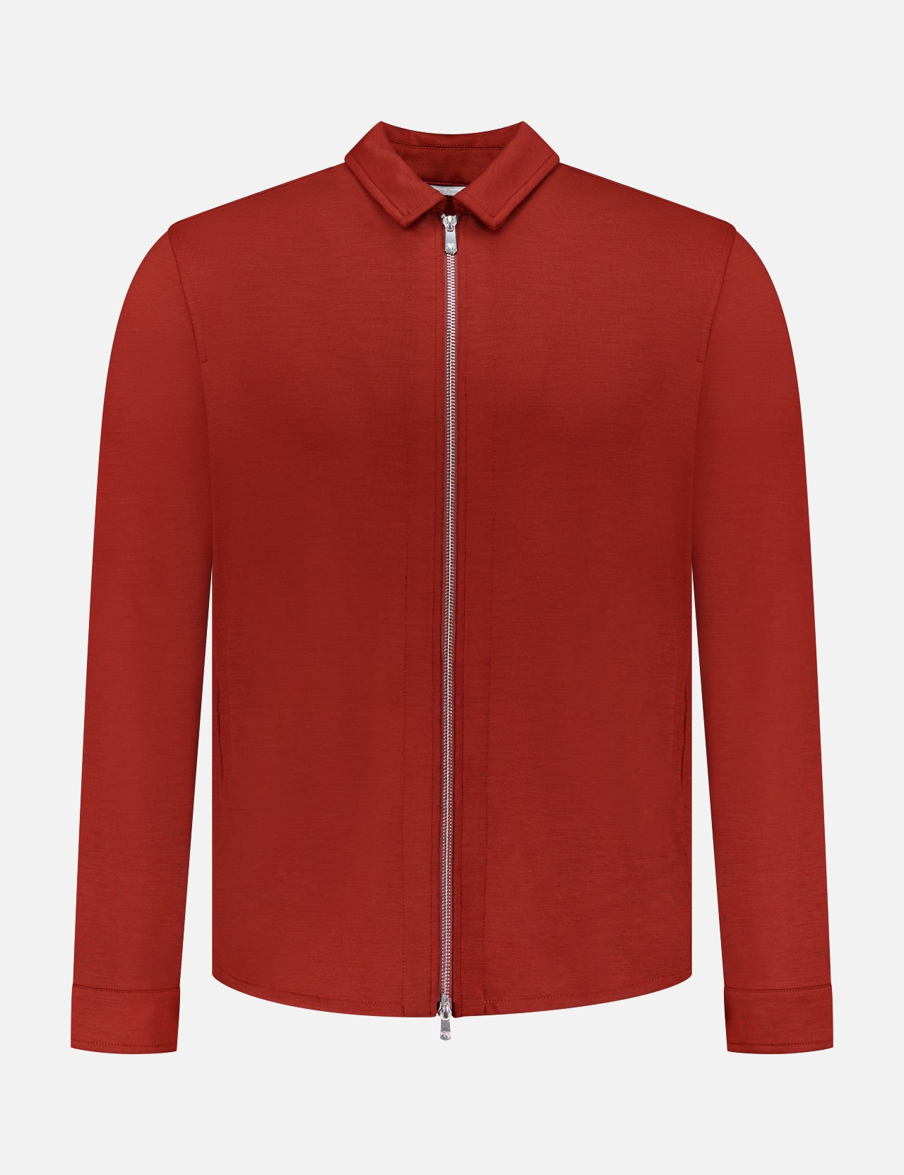 The Avi Wool Jersey Zip Unlined Jacket by PESCAROLO is a plain, long-sleeved red virgin wool jacket with a front zip and small collar—an understated example of Italian elegance, shown on a white background.