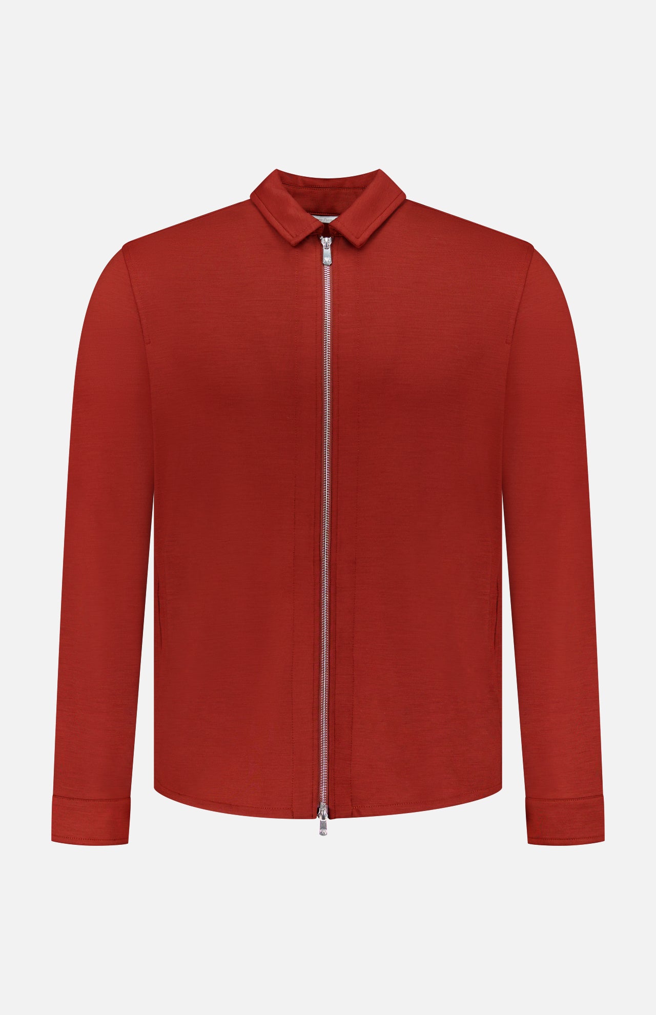 The Avi Wool Jersey Zip Unlined Jacket by PESCAROLO is a plain, long-sleeved red virgin wool jacket with a front zip and small collar—an understated example of Italian elegance, shown on a white background.