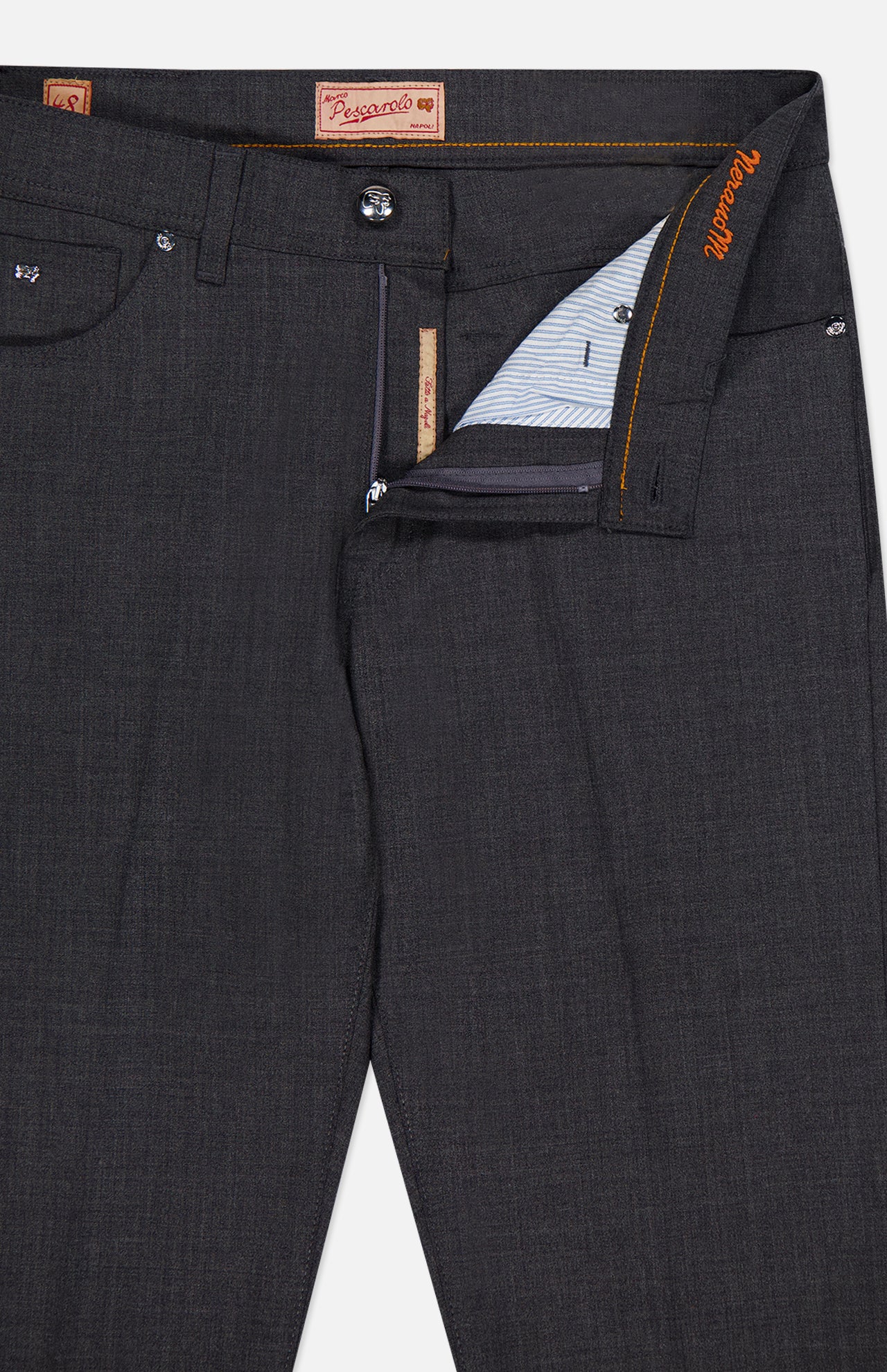 The Nerano M Brushed Wool 5 Pockets Pant by PESCAROLO features dark grey wool, orange stitching, a blue and white striped inner waistband, belt loops, and branded label. Expertly crafted in Italy.
