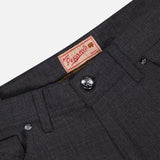 Close-up of the Nerano M Brushed Wool 5 Pockets Pant by PESCAROLO, showing the dark gray textured wool fabric, a silver button at the waistband, and fine Italian craftsmanship.