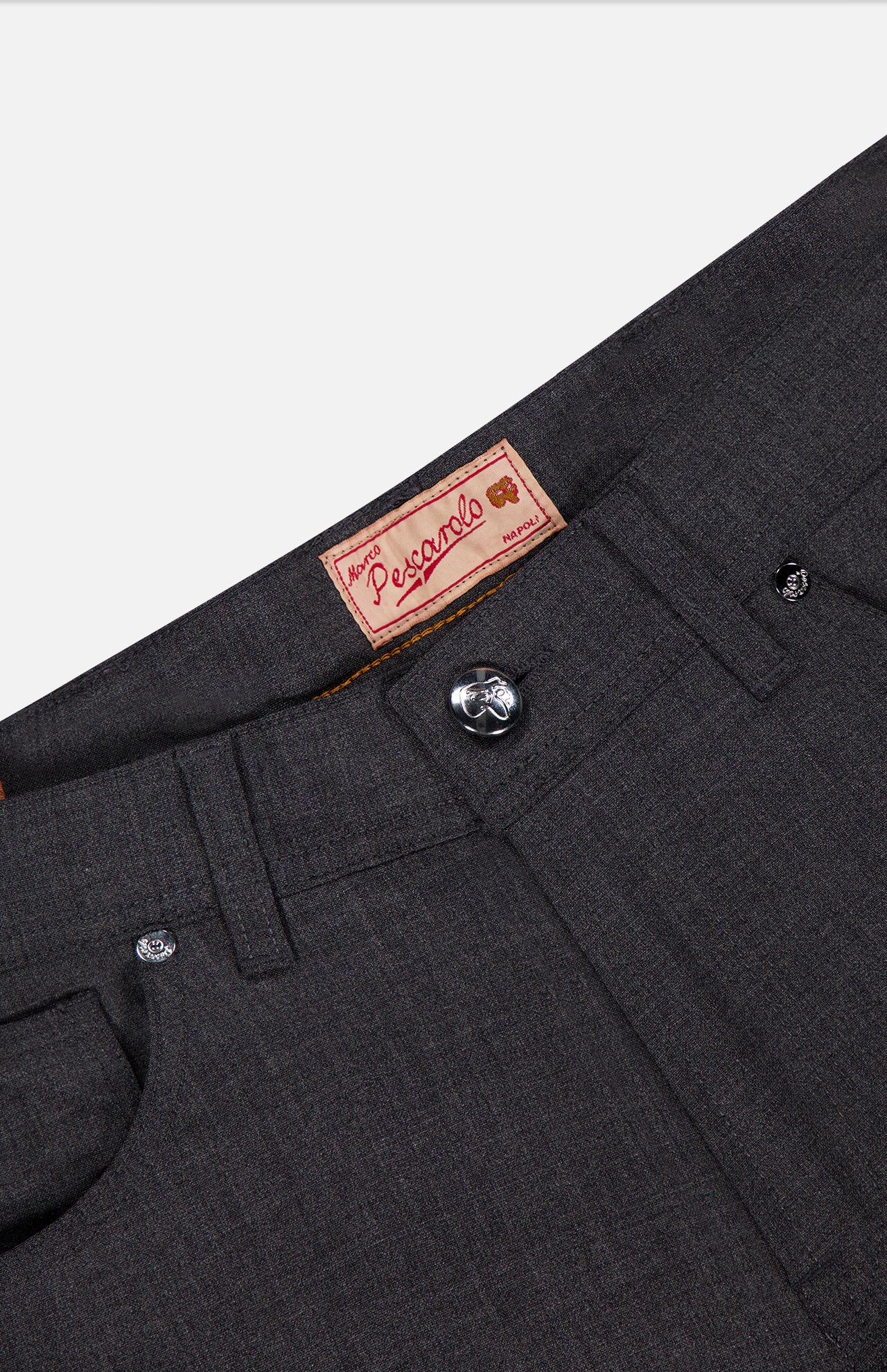 Close-up of the Nerano M Brushed Wool 5 Pockets Pant by PESCAROLO, showing the dark gray textured wool fabric, a silver button at the waistband, and fine Italian craftsmanship.