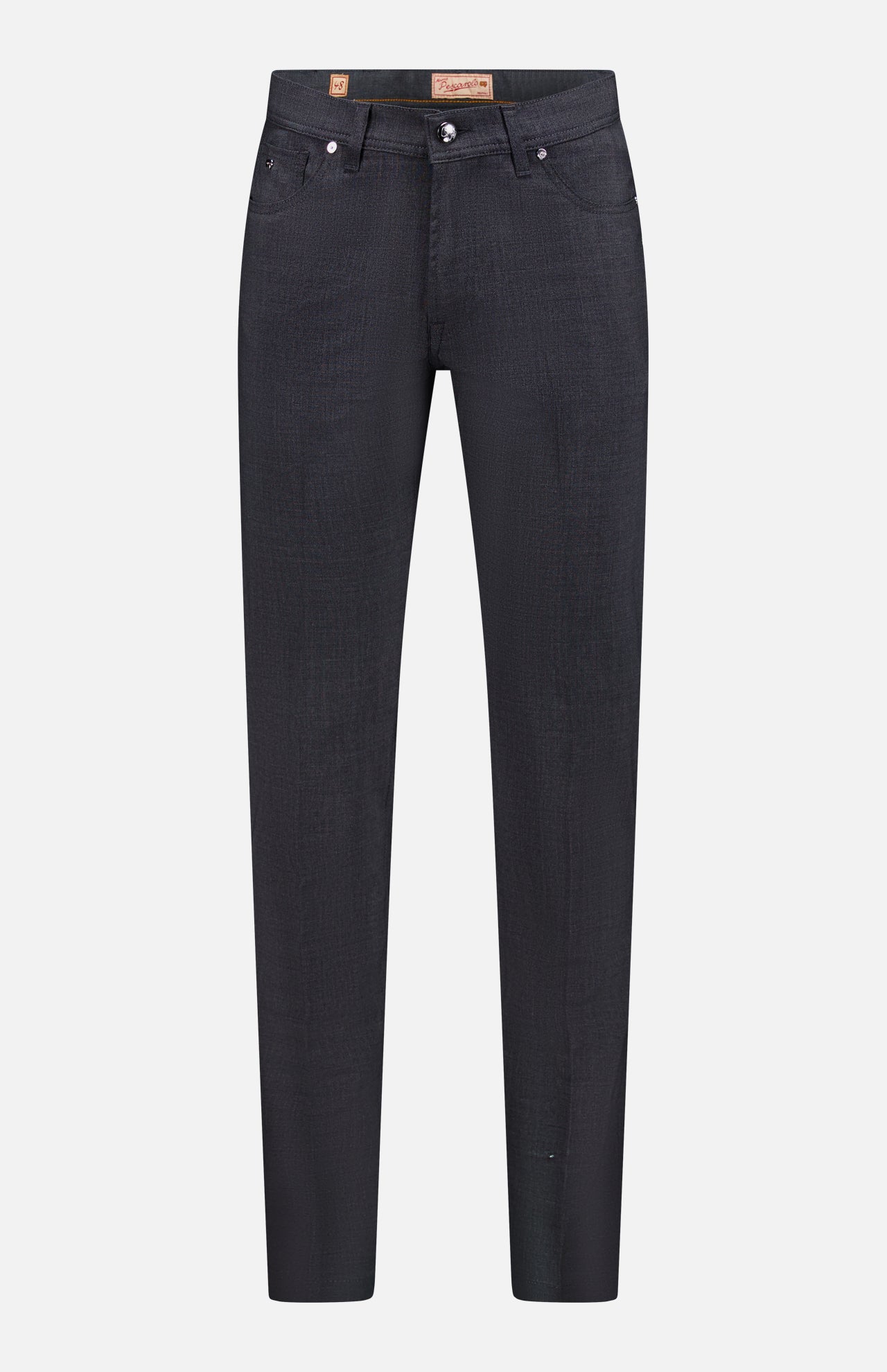 The Nerano M Brushed Wool 5 Pockets Pant by PESCAROLO features a straight-leg cut, classic 5-pocket design, button and zip fly, subtle textured detailing, and is shown on a plain white background.