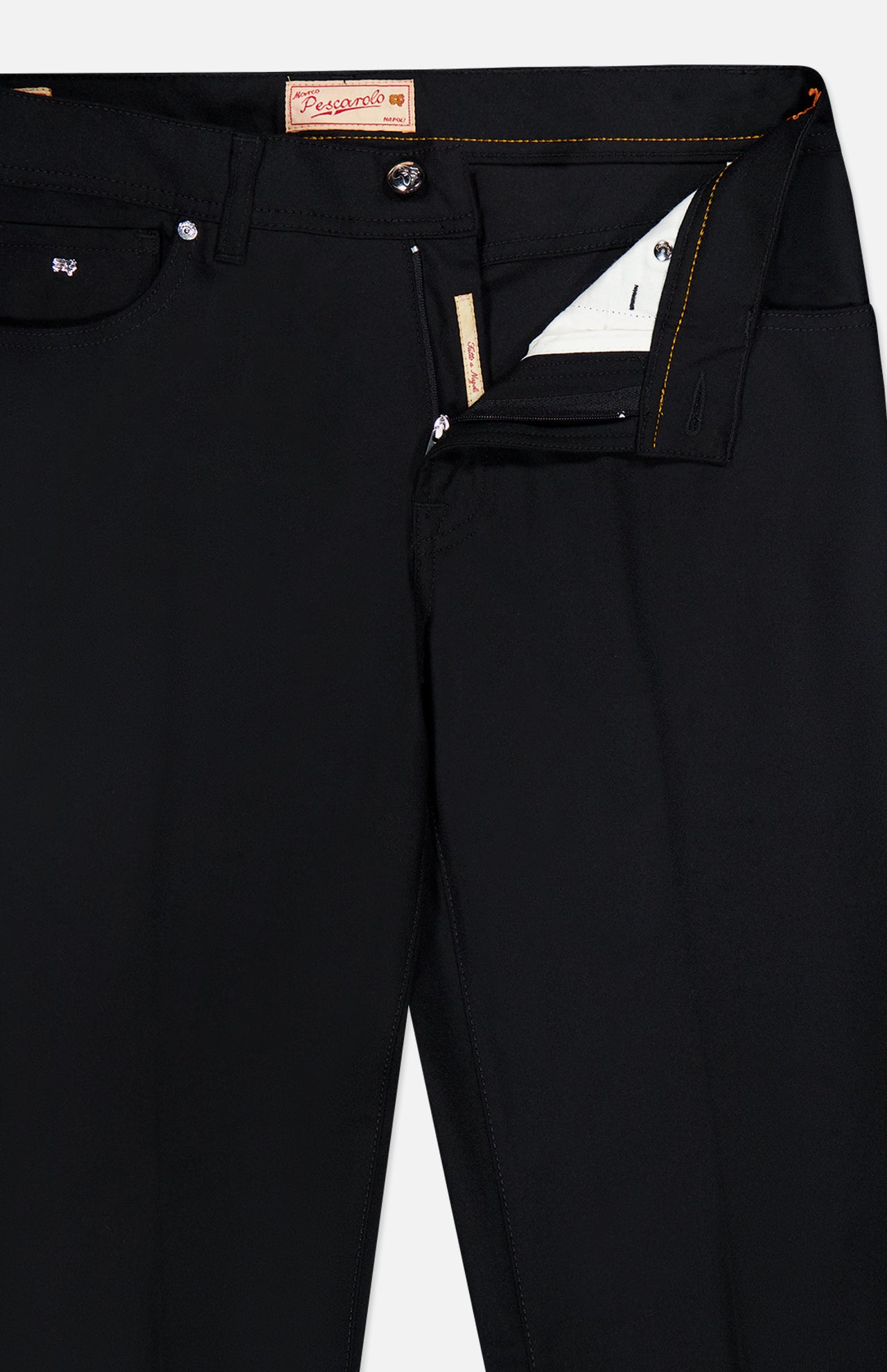 A pair of PESCAROLO Nerano M Cashmere Pants in black, partially unzipped to reveal the waistband, signature 5-pocket design, and inner brand label.