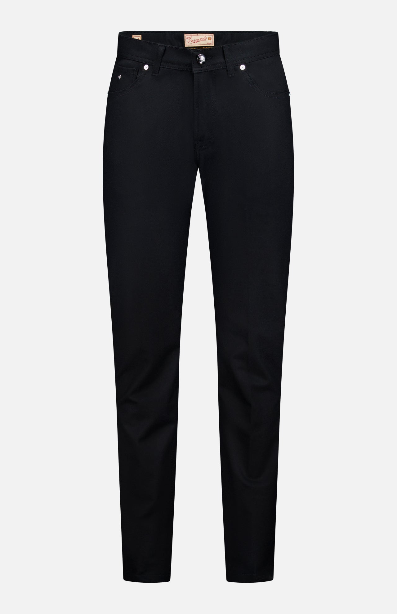 A pair of Nerano M Cashmere Pants by PESCAROLO, displayed on a white background and shown from the front, featuring visible pockets, belt loops, a button fly, and a classic 5-pocket design.
