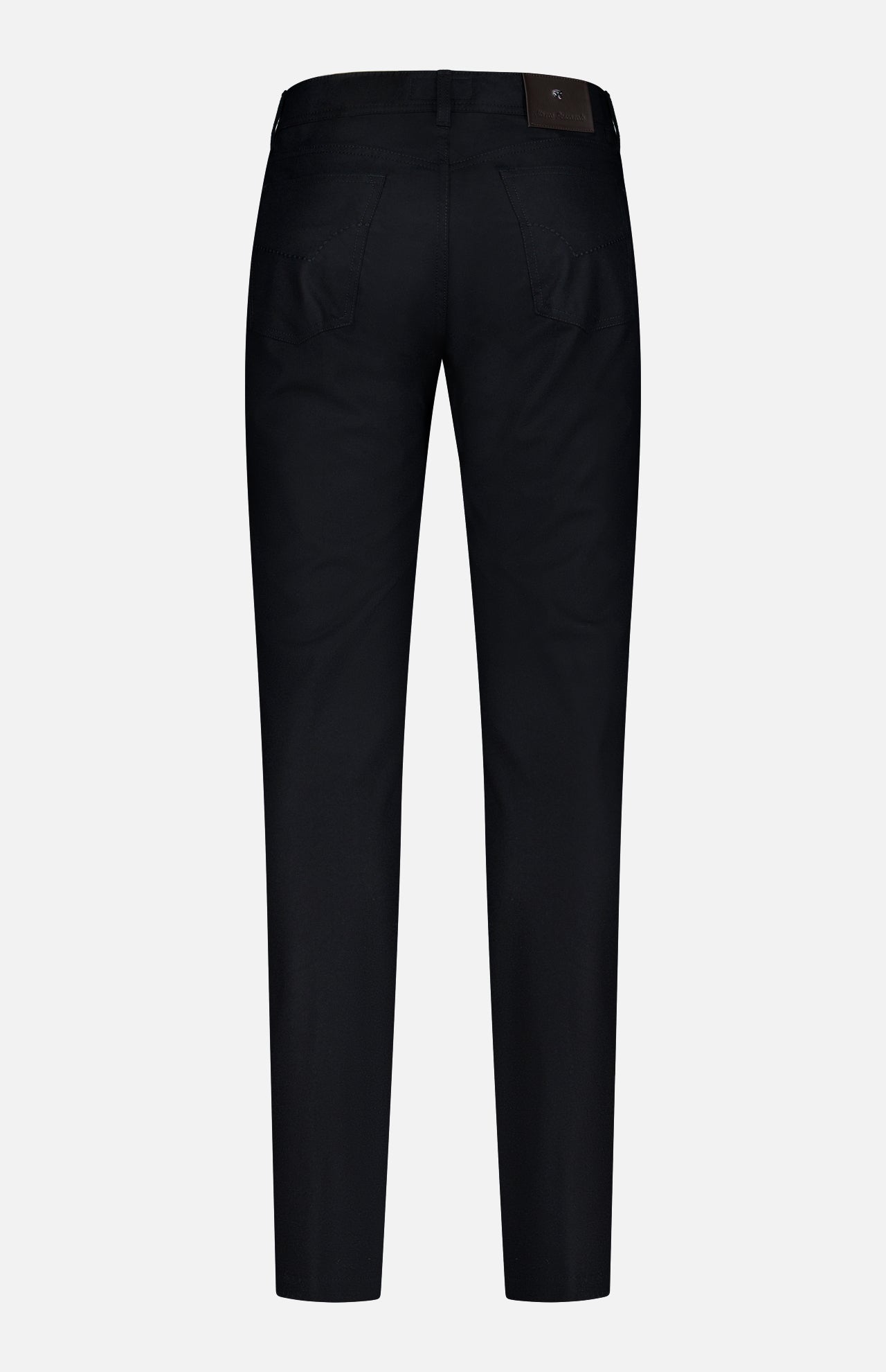 The back view of the PESCAROLO Nerano M Cashmere Pants in black showcases their slim, tailored fit. Featuring belt loops, a 5-pocket design with two back pockets, and a leather patch on the waistband, these pants are displayed against a plain white background.