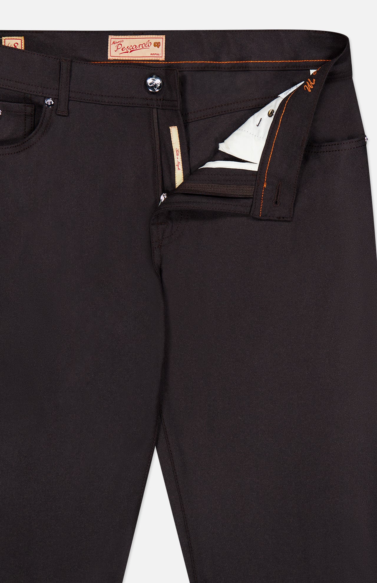 Close-up of the Nerano M Cashmere Pants by PESCAROLO in dark brown, with the fly open to reveal the inner waistband, zipper, and button details. The PESCAROLO brand label is visible inside the waistband, and the classic 5-pocket design combines style and functionality in these luxurious pants made in Italy.