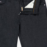 Nerano M Cashmere Pants by PESCAROLO in dark blue feature an exposed zipper fly, visible inner white pocket lining, and orange stitching details. Crafted in a classic 5-pocket design, the waistband includes branded labels and metallic buttons.