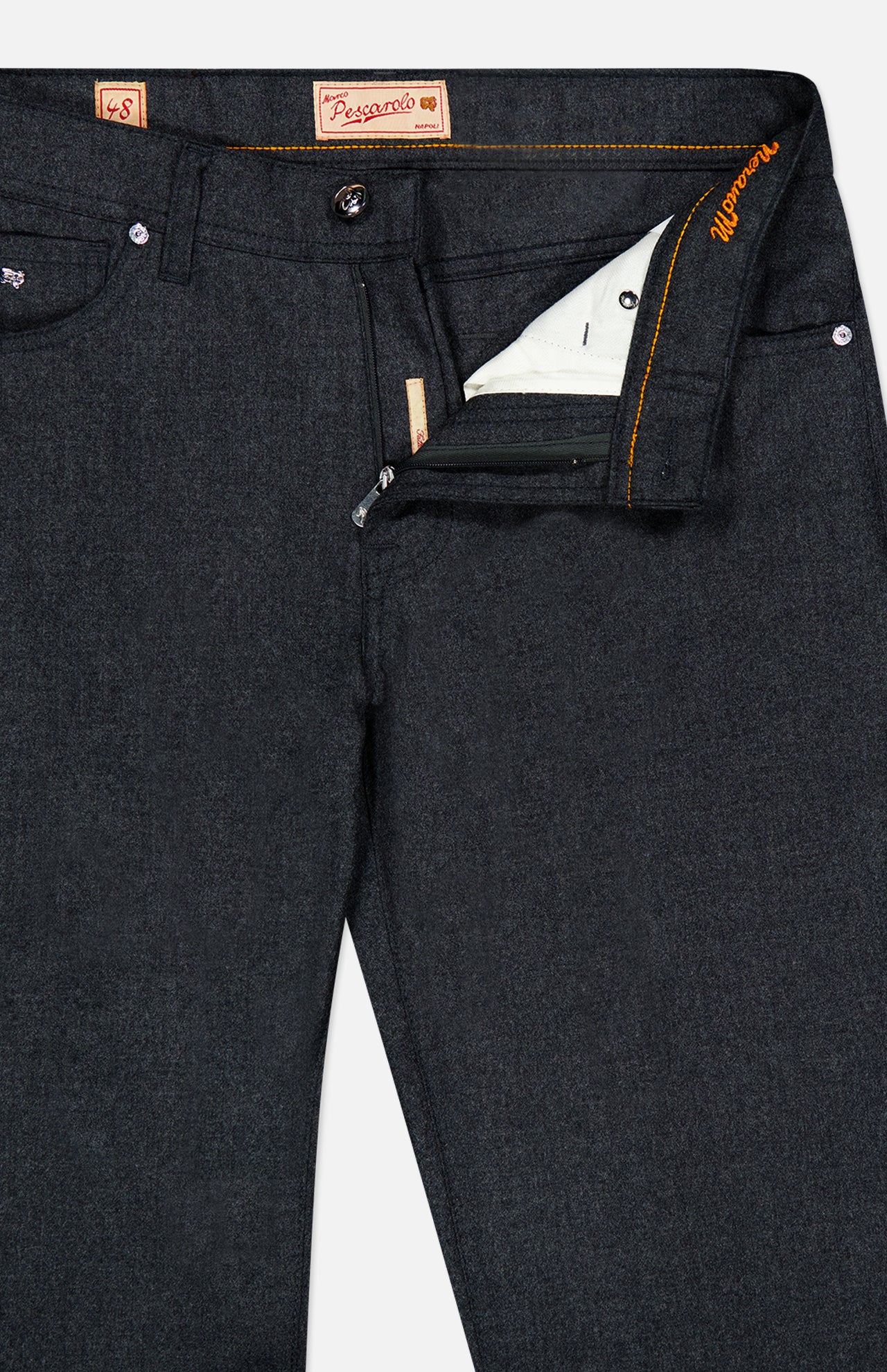 Nerano M Cashmere Pants by PESCAROLO in dark blue feature an exposed zipper fly, visible inner white pocket lining, and orange stitching details. Crafted in a classic 5-pocket design, the waistband includes branded labels and metallic buttons.