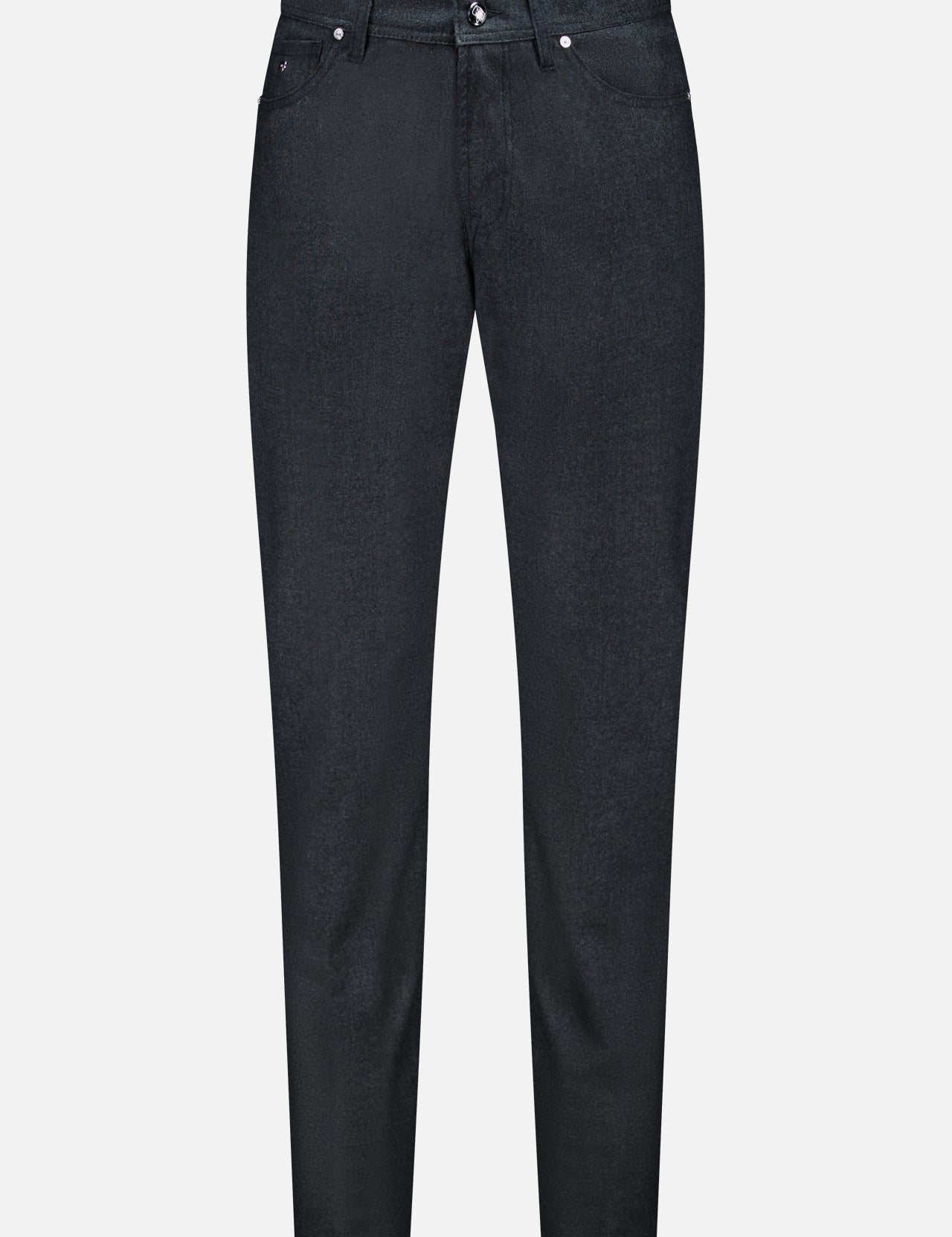 A pair of Nerano M Cashmere Pants by PESCAROLO, featuring a slim fit with a classic 5-pocket design, belt loops, and a button fly, displayed against a plain white background.