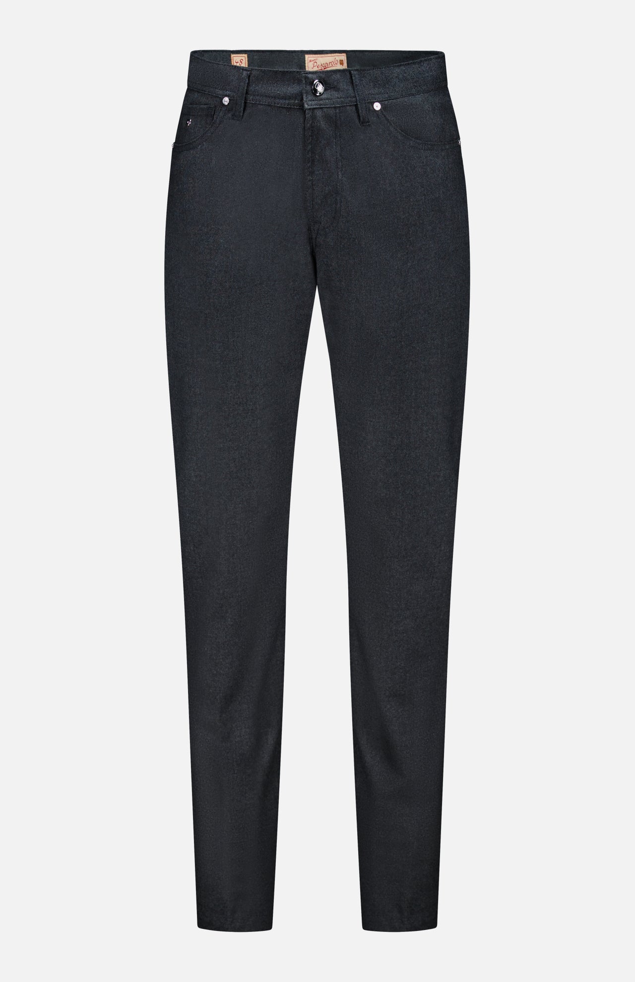 A pair of Nerano M Cashmere Pants by PESCAROLO, featuring a slim fit with a classic 5-pocket design, belt loops, and a button fly, displayed against a plain white background.