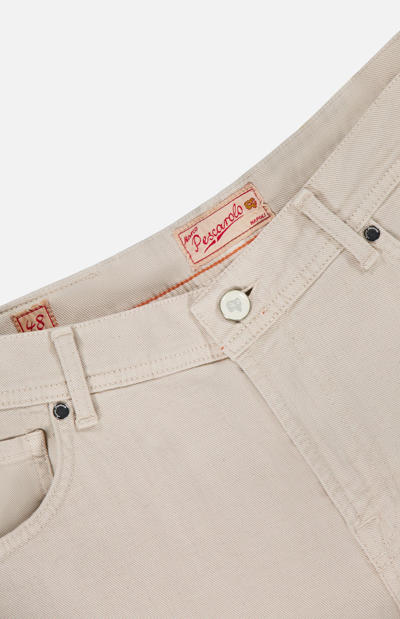 Close-up of the Nerano M Cotton Linen 5 Pockets Pant by PESCAROLO in beige, featuring a cotton linen-blend waistband, white button, belt loops, signature red brand label inside, and size 48 marking.