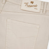 Close-up of the waistband and back pocket of the Nerano M Cotton Linen 5 Pockets Pant by PESCAROLO in light beige, featuring a tan leather patch with gold "PESCAROLO Napoli" text.