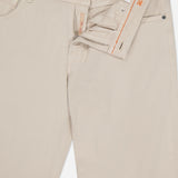 The PESCAROLO Nerano M Cotton Linen 5 Pockets Pant features a beige neutral tone, classic 5-pocket design, partial zipper and waistband, orange stitching, internal Pescarolo label, front pockets, and button closure.