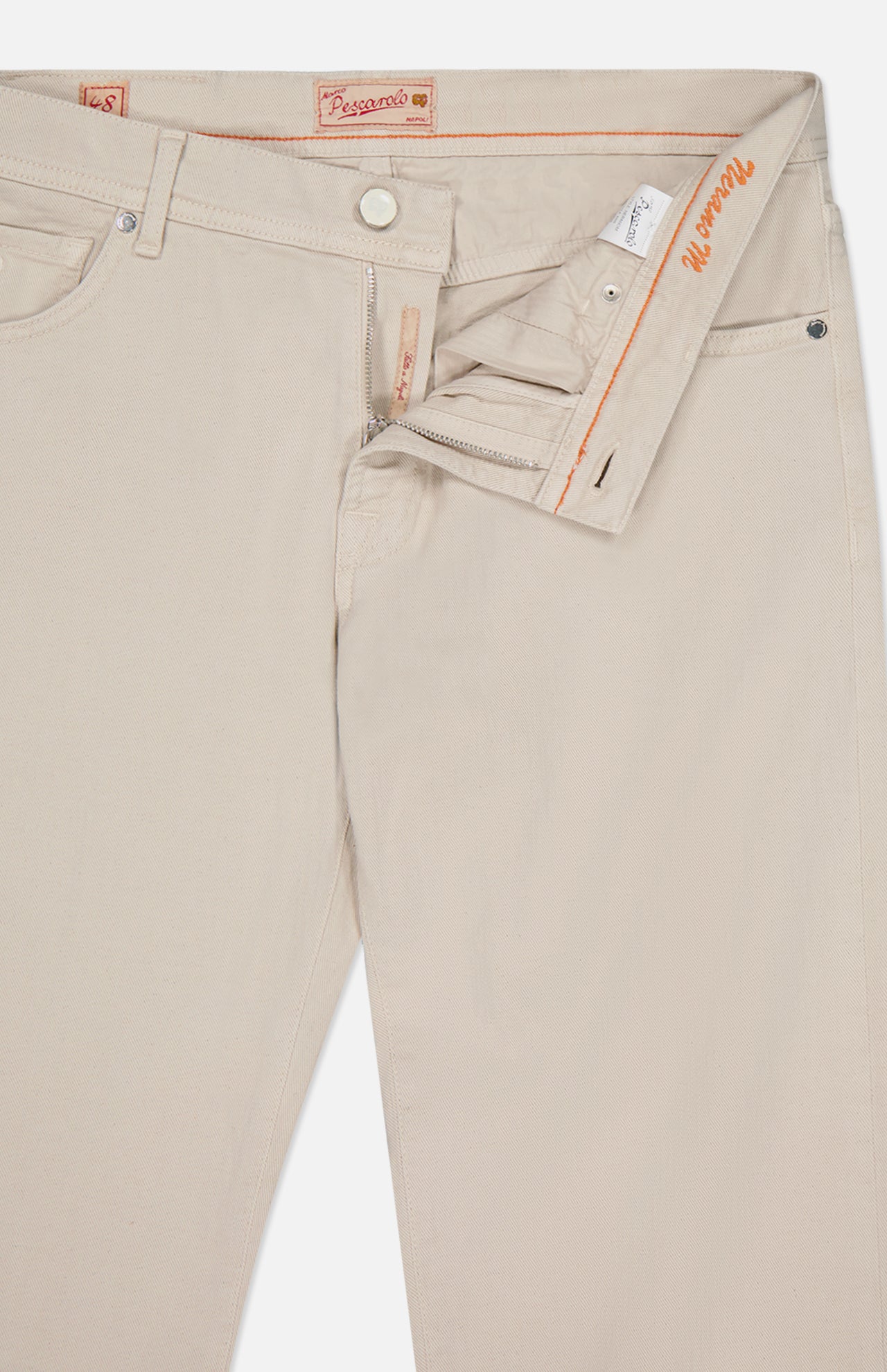 The PESCAROLO Nerano M Cotton Linen 5 Pockets Pant features a beige neutral tone, classic 5-pocket design, partial zipper and waistband, orange stitching, internal Pescarolo label, front pockets, and button closure.