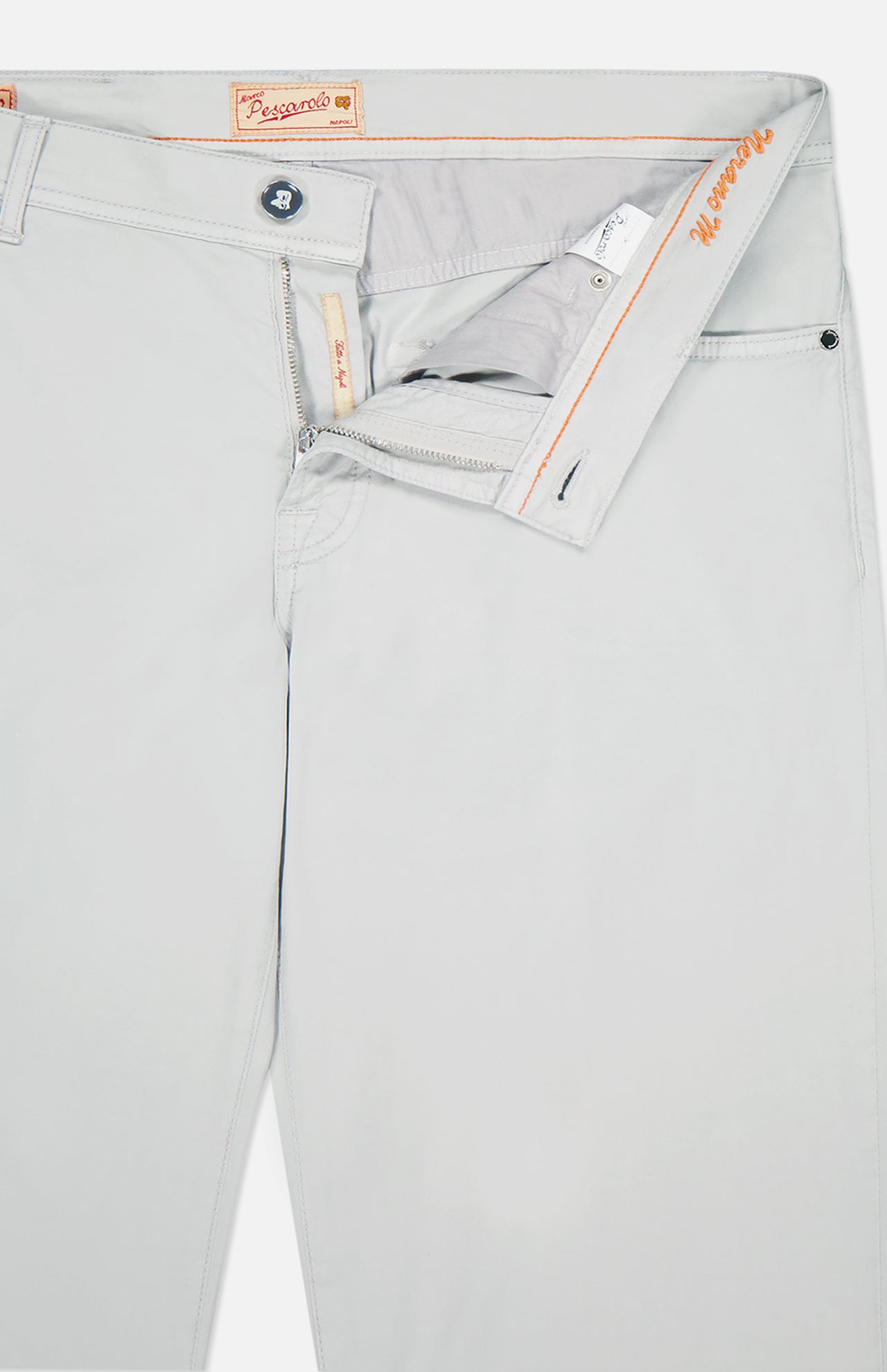 The PESCAROLO Nerano M Cotton Silk 5 Pockets Pant features light beige, smooth, lightweight fabric with a zipper and button fly, orange stitching, a visible brand label inside the waistband, and a classic 5-pocket design.