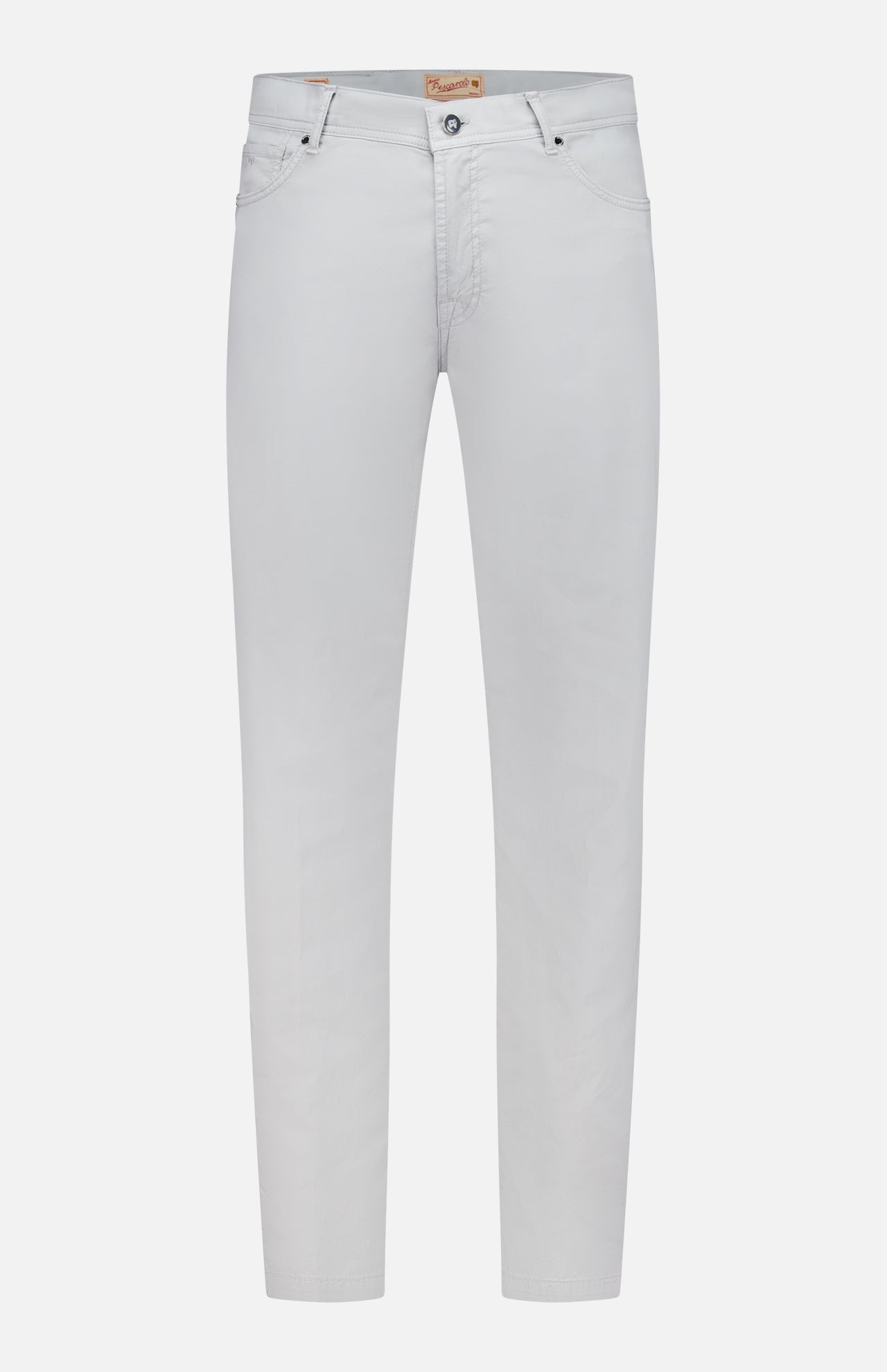 The PESCAROLO Nerano M Cotton Silk 5 Pockets Pant features a light gray slim fit, classic 5-pocket design, belt loops, and button-zipper closure, shown against a plain white background.