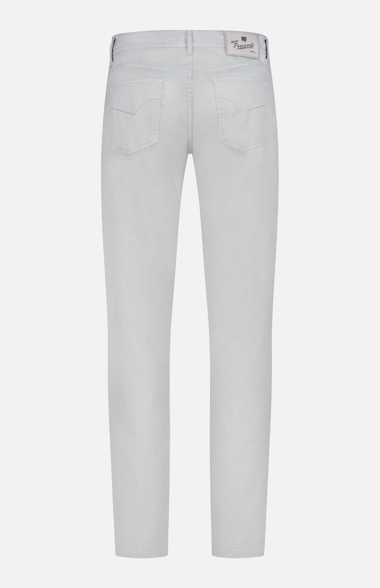 Back view of the Nerano M Cotton Silk 5 Pockets Pant by PESCAROLO in light gray, featuring a classic 5-pocket design, two back pockets, visible seams, and a brown brand label on the waistband.