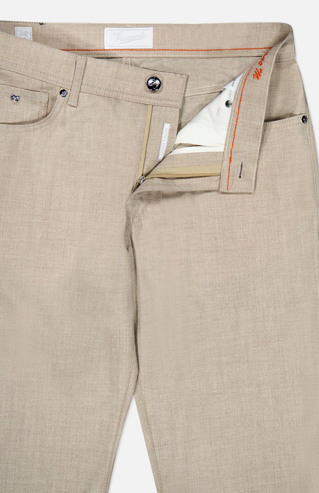 A close-up of the PESCAROLO Nerano M Flannel Pants in beige shows the fly open, revealing a silver button, zipper, and white inner lining. The waistband features an orange accent, a sewn-in label, and the classic 5-pocket design.