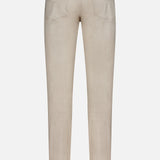 Back view of the Nerano M Flannel Pants by PESCAROLO in beige cashmere, showcasing two rear pockets, belt loops, and a black leather patch on the waistband. These pants feature a straight cut with a classic 5-pocket design, made in Italy and displayed against a white background.