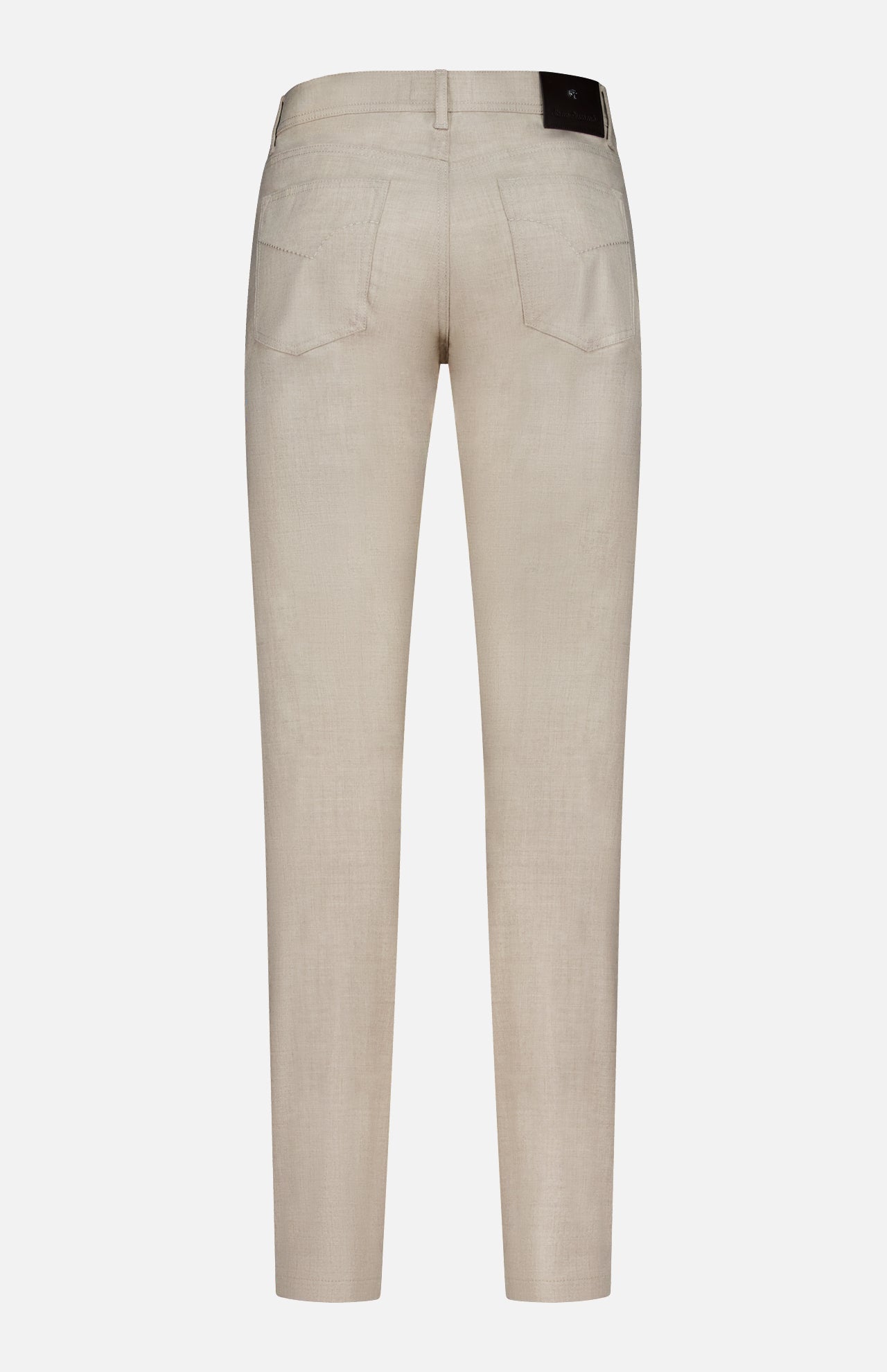 Back view of the Nerano M Flannel Pants by PESCAROLO in beige cashmere, showcasing two rear pockets, belt loops, and a black leather patch on the waistband. These pants feature a straight cut with a classic 5-pocket design, made in Italy and displayed against a white background.