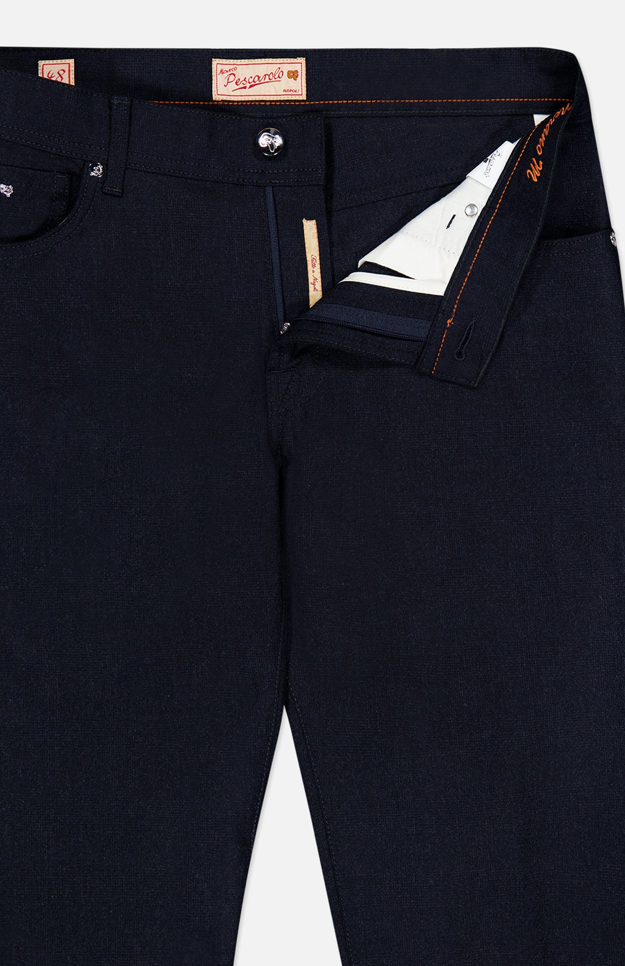 Close-up of the Nerano M Plaid Pants by PESCAROLO, with the front zipper fly partially open to reveal the interior lining and pockets. The classic 5-pocket design is featured, while orange stitching accents are visible on the waistband and fly area.