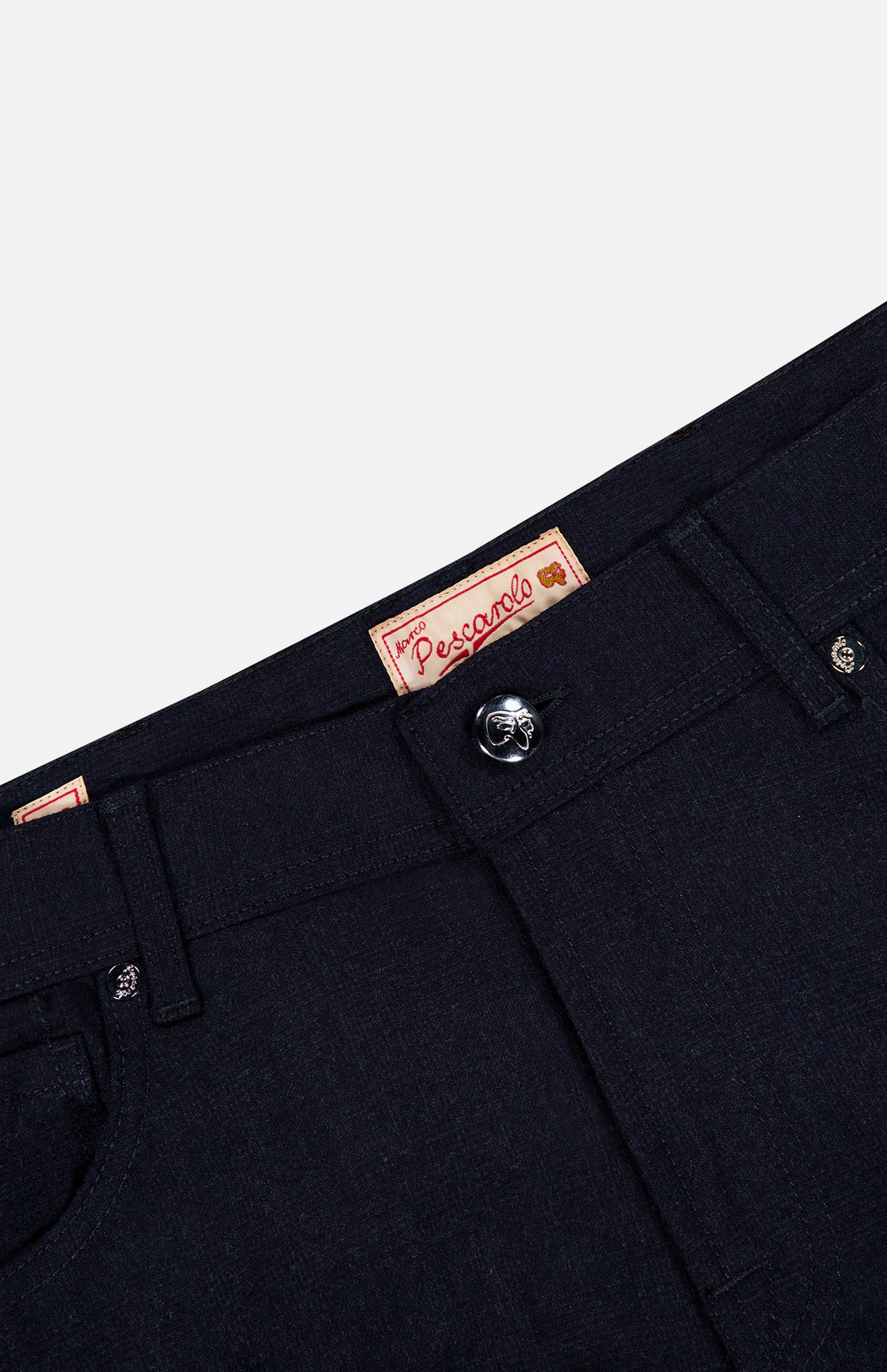 Close-up of the waistband and upper section of the Nerano M Plaid Pants by PESCAROLO, highlighting the classic 5-pocket design along with a button, belt loops, pockets, and a Pescarolo brand label sewn inside the waistband.