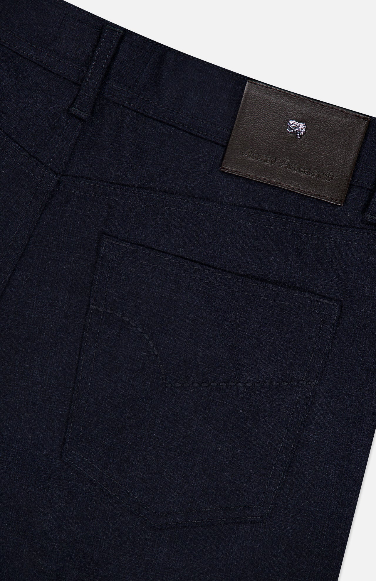 Close-up of the Nerano M Plaid Pants by PESCAROLO, featuring a classic 5-pocket design with a visible back pocket, belt loops, and a black leather patch embossed with the brand’s logo and text near the waistband.