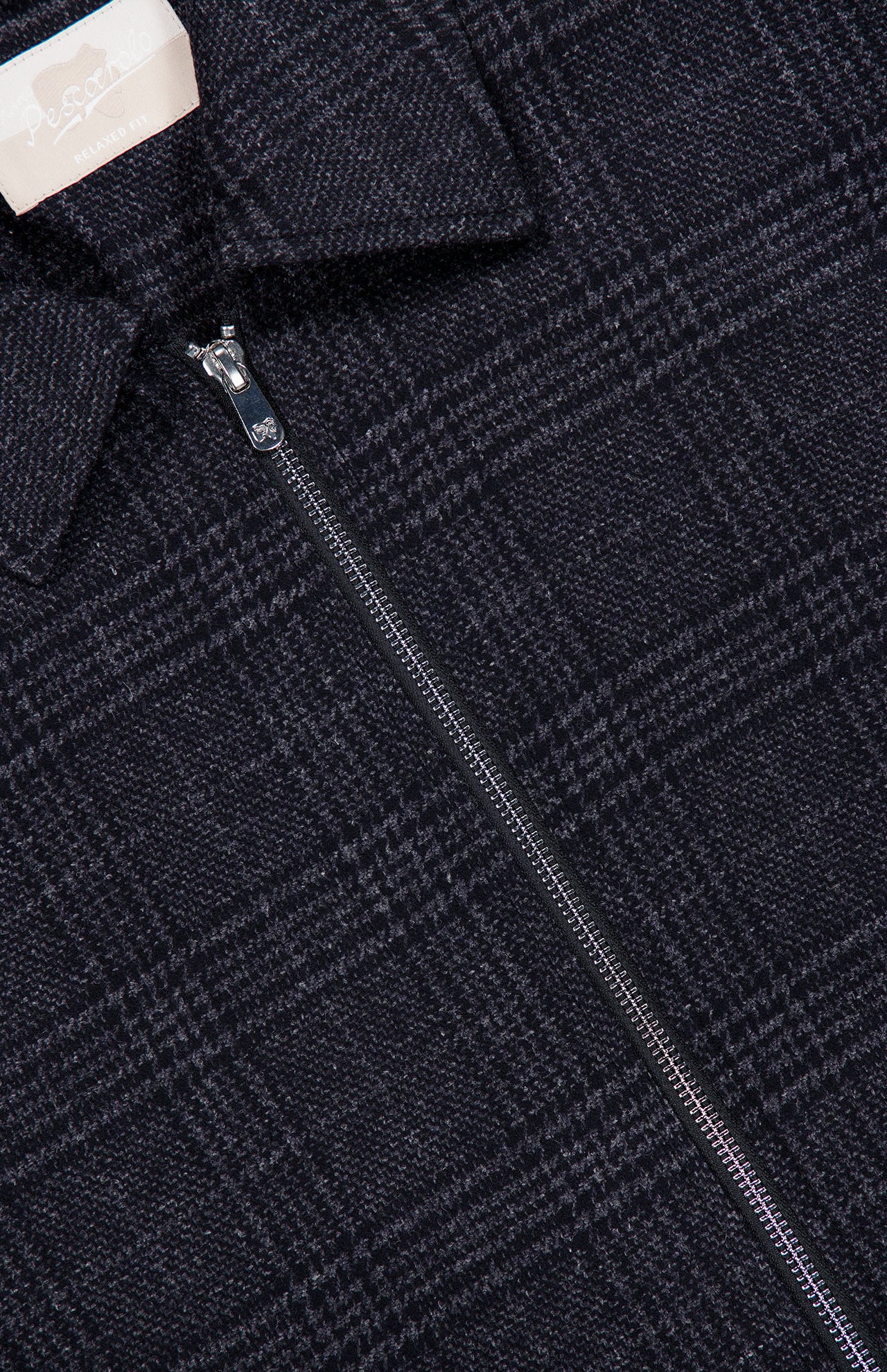 Close-up of a dark grey plaid wool-blend PESCAROLO Quarantuno Zipped Up Jacket with a collar.