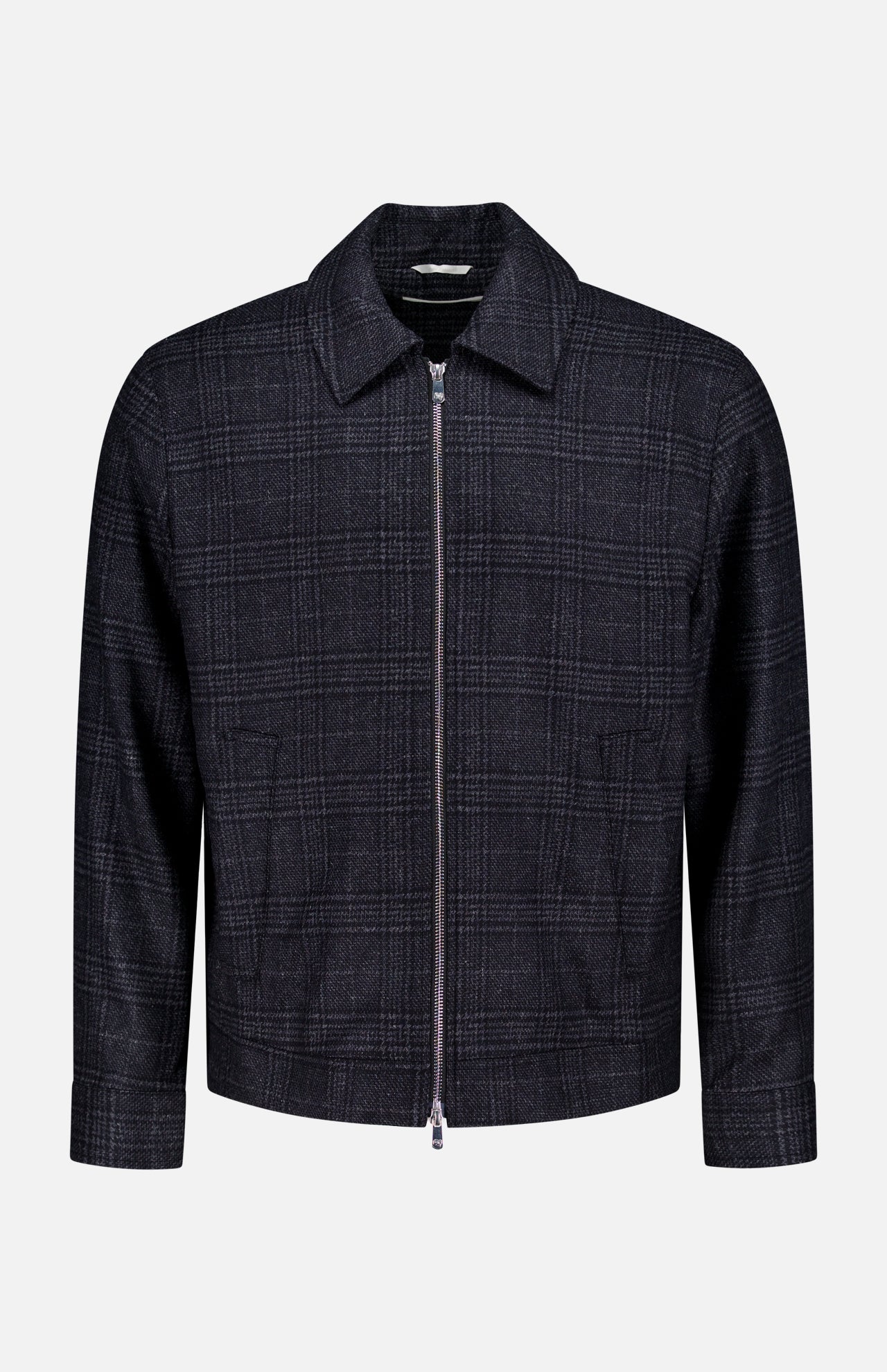 Dark grey plaid wool-blend PESCAROLO Quarantuno Zipped Up Jacket with a collar and side pockets.