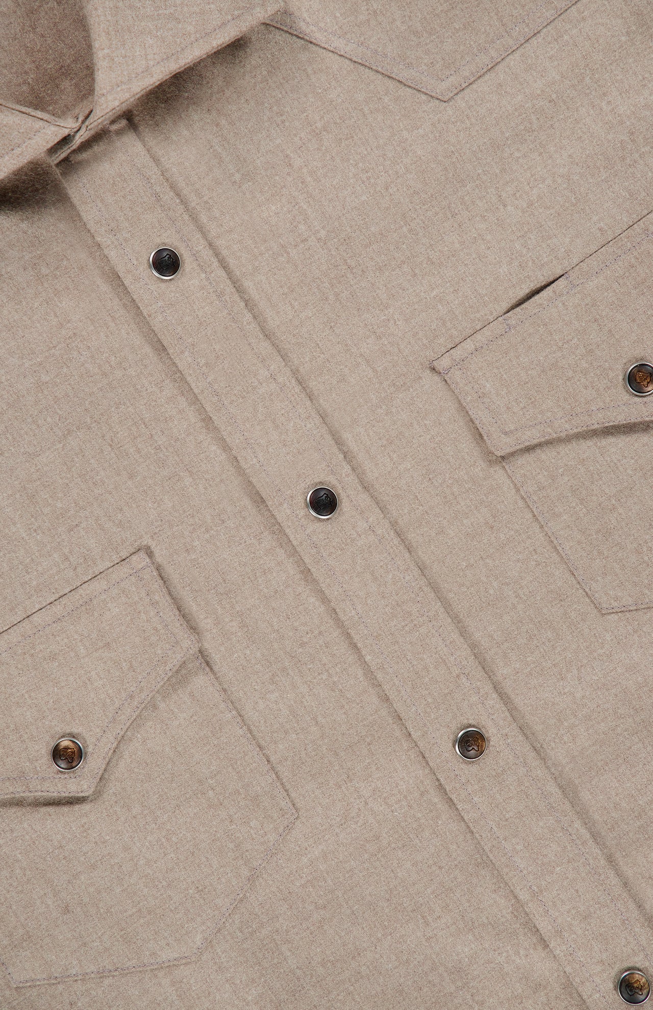 PESCAROLO Ribot Western Overshirt in tan beige cashmere, featuring a pointed western-style yoke, button-down front, and two buttoned chest pockets.
