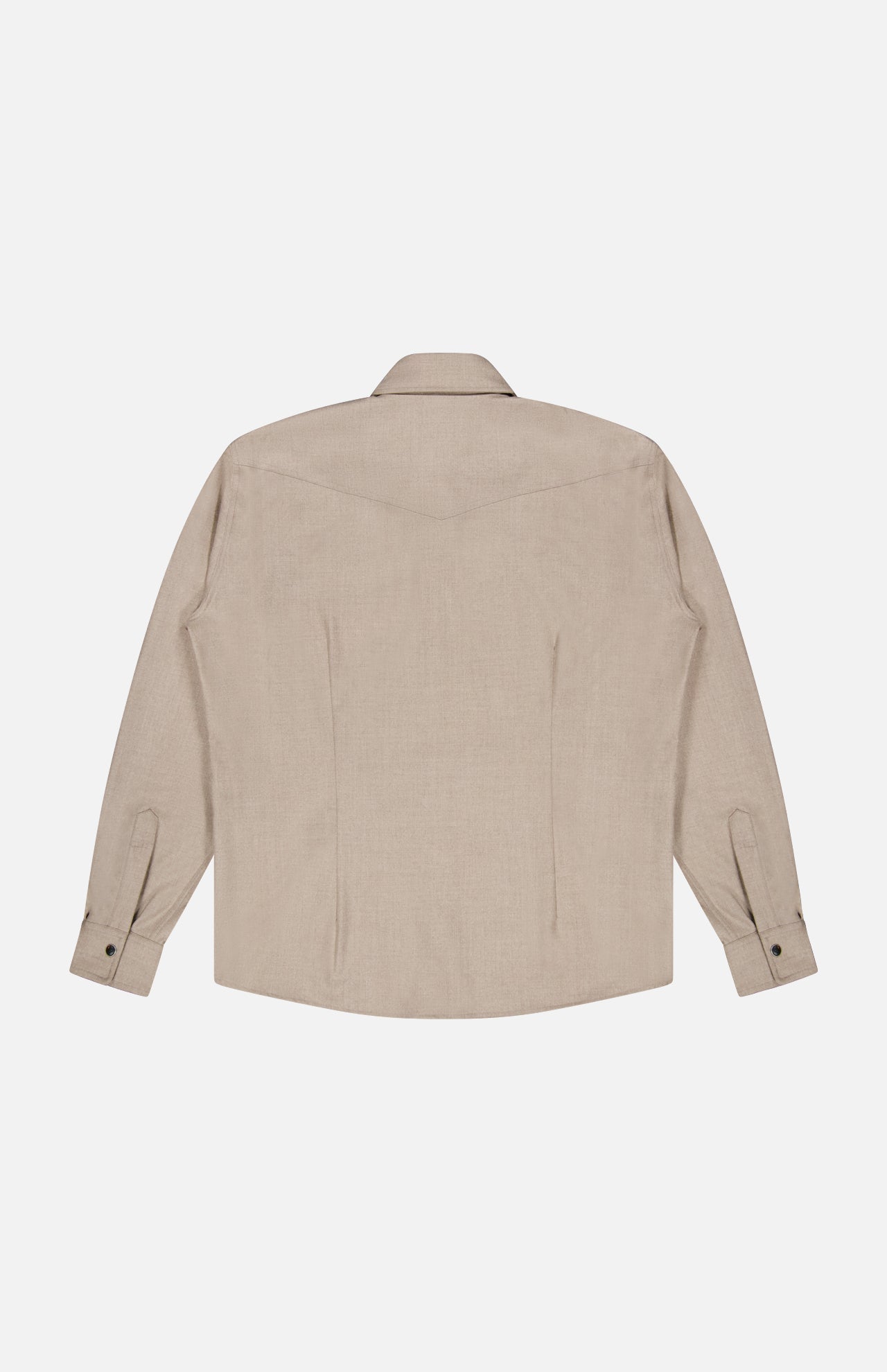 Back view of a beige cashmere PESCAROLO Ribot Western Overshirt, featuring a pointed back yoke and button cuffs.