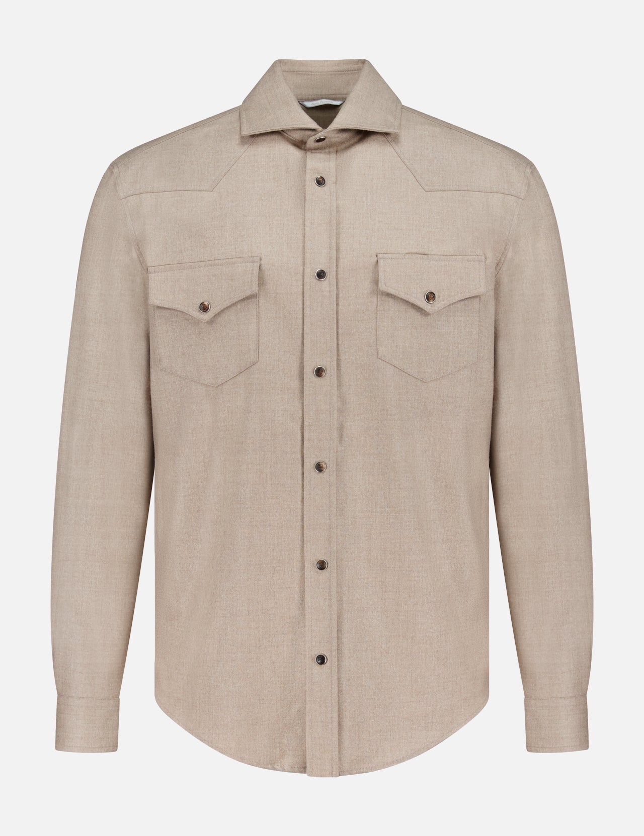PESCAROLO Ribot Western Overshirt in beige, featuring long sleeves, a spread collar, two button-flap chest pockets, and a button-front placket.