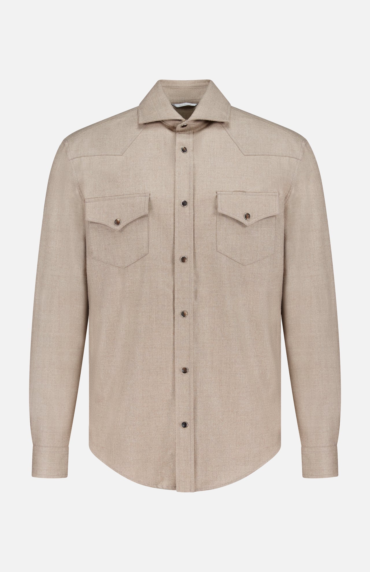 PESCAROLO Ribot Western Overshirt in beige, featuring long sleeves, a spread collar, two button-flap chest pockets, and a button-front placket.