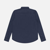 The PESCAROLO Zeus Wool Snap Front Overshirt is a navy long-sleeve jacket in a virgin wool blend, shown from the back with button cuffs, laid flat on white—ideal for men's travel wear.