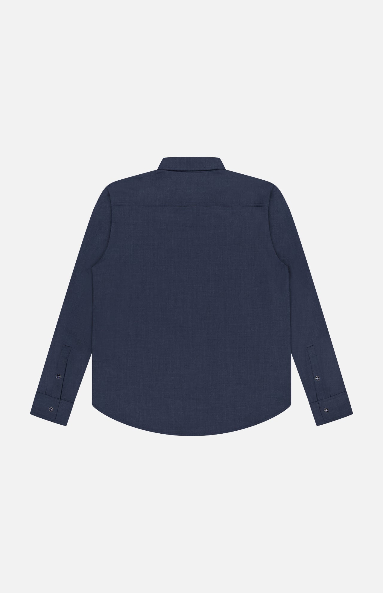 The PESCAROLO Zeus Wool Snap Front Overshirt is a navy long-sleeve jacket in a virgin wool blend, shown from the back with button cuffs, laid flat on white—ideal for men's travel wear.