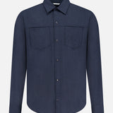 The PESCAROLO Zeus Wool Snap Front Overshirt is a navy long-sleeve shirt jacket with a classic collar and two chest pockets, crafted from a virgin wool blend, shown on a plain white background.