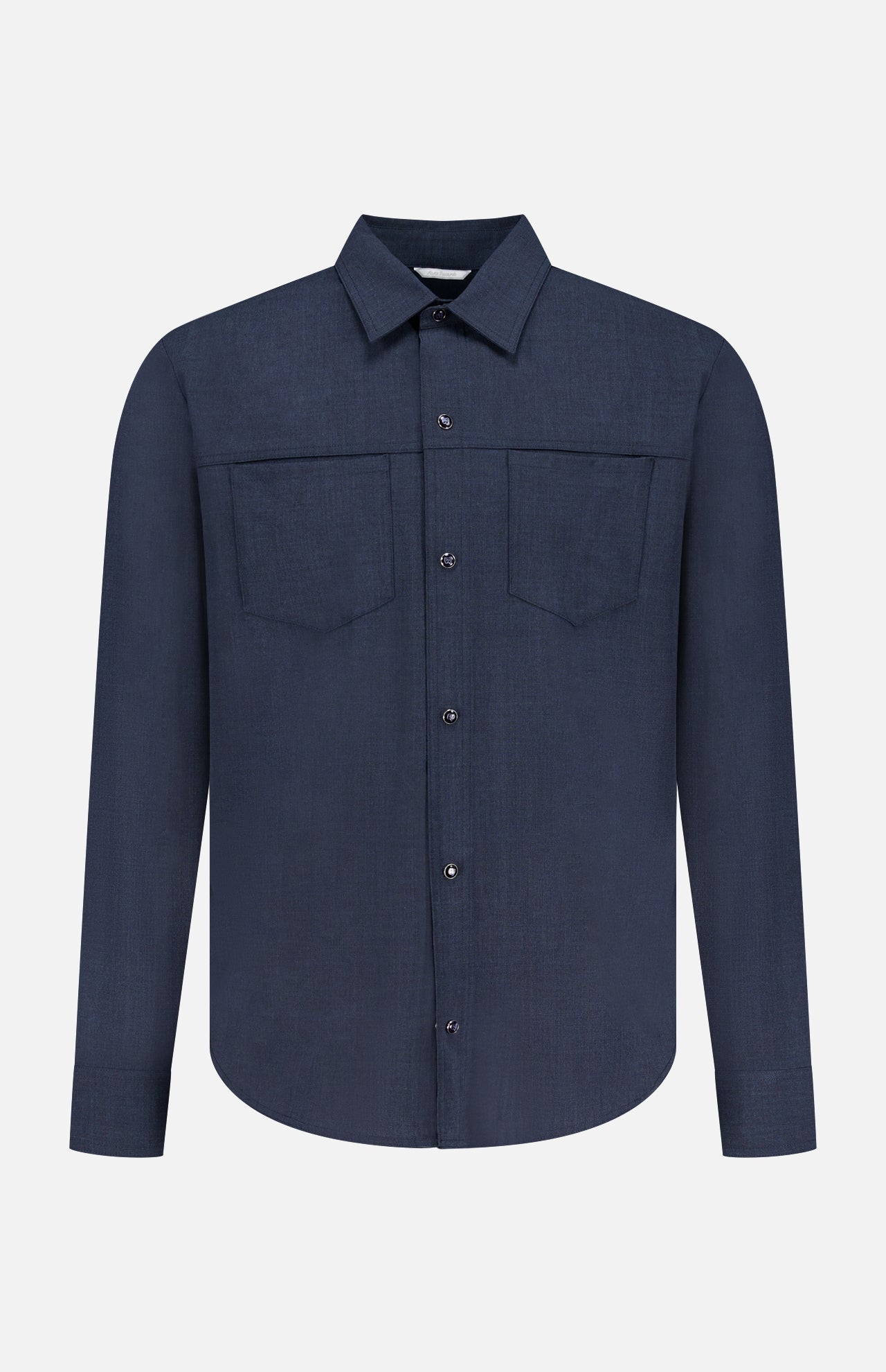 The PESCAROLO Zeus Wool Snap Front Overshirt is a navy long-sleeve shirt jacket with a classic collar and two chest pockets, crafted from a virgin wool blend, shown on a plain white background.