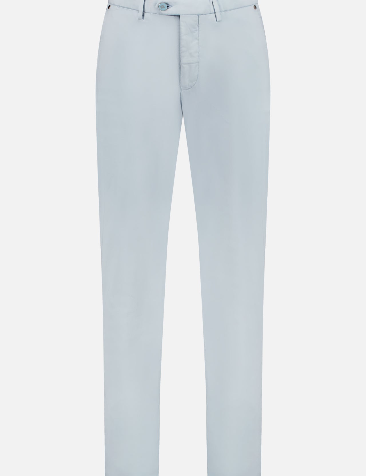 The PESCAROLO New York Cotton and Silk Pants feature a slim-fit light blue design, crafted from a luxurious cotton-silk blend with button and zip closure, front pockets, and belt loops, shown on a plain white background.