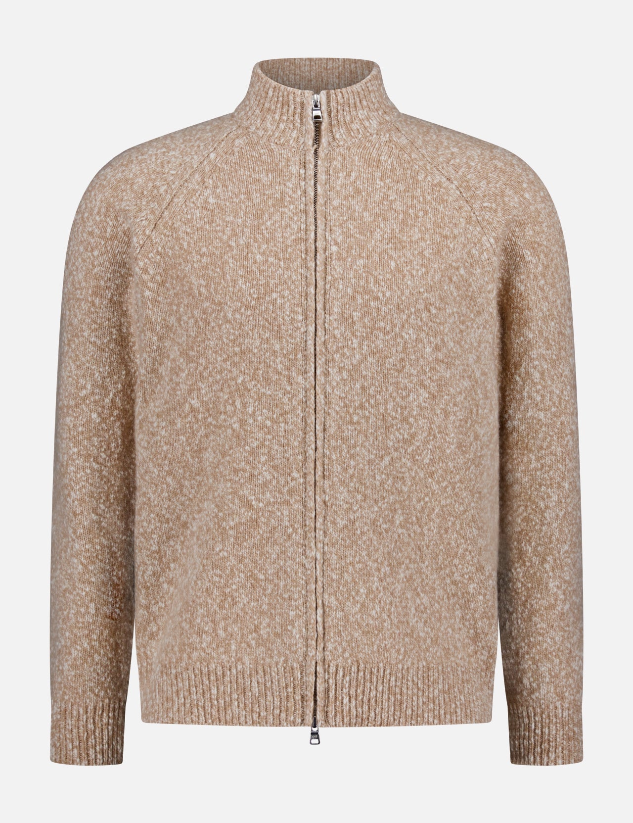 The Lyle Full Zip Wool Sweater by PETER MILLAR is crafted from 100% Italian wool yarns, featuring a beige speckled texture, high collar, ribbed cuffs and hem, and long sleeves for subtle detail.