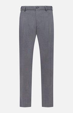 The PETER MILLAR Charlotte Performance Trouser Pant in gray stretch mélange is shown against a plain white background. These trousers feature belt loops, a button closure, side pockets, and a straight leg fit.