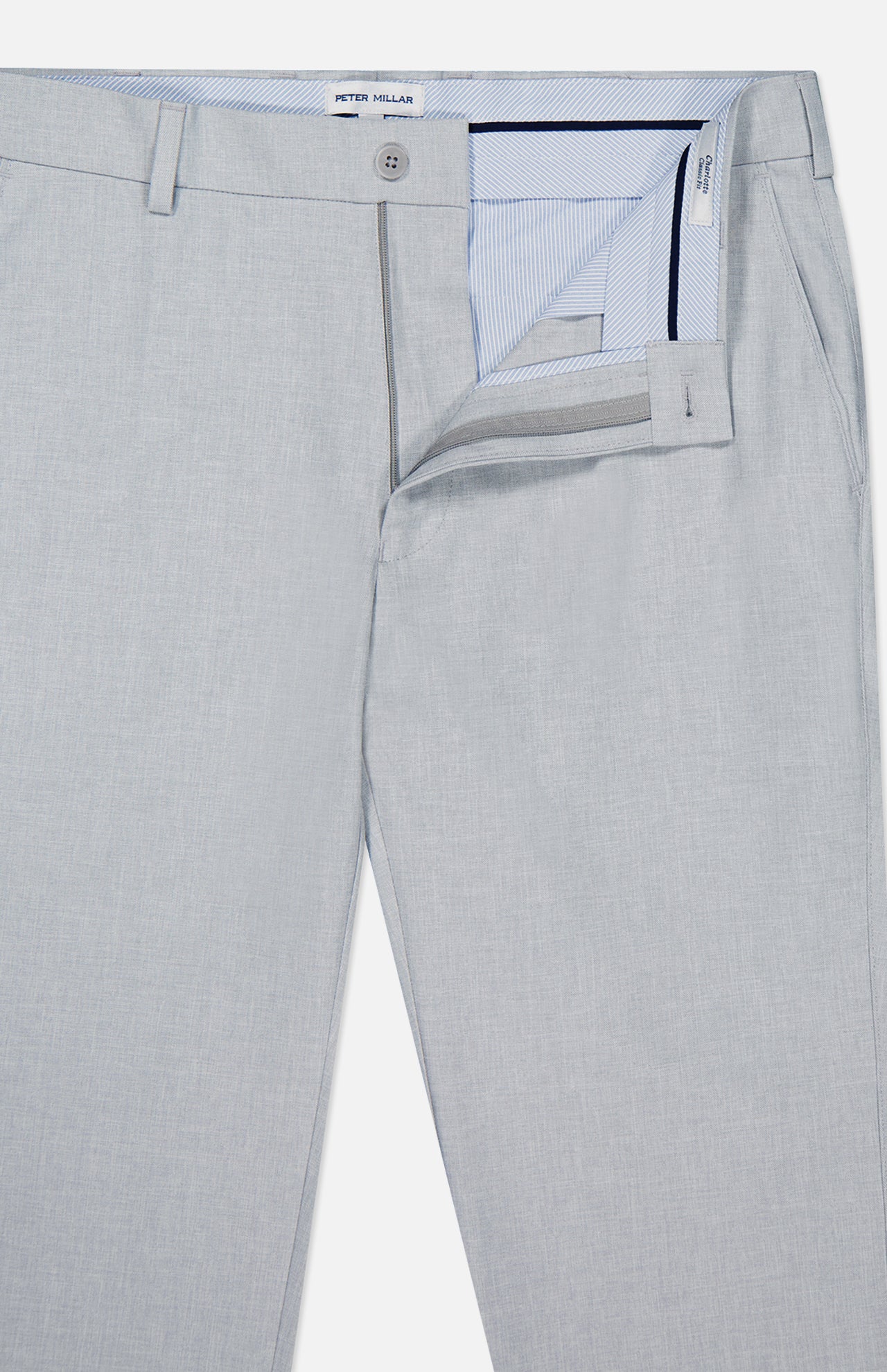 The Charlotte Performance Trouser Pant by PETER MILLAR features light gray stretch mélange fabric, partially open waistband and zipper showing a blue and white striped lining, belt loops, single button closure, and is crafted from recycled polyester.