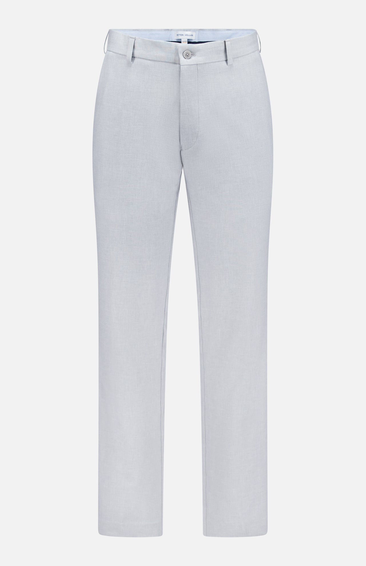 The Charlotte Performance Trouser Pant by PETER MILLAR features light gray stretch mélange fabric, belt loops, a button closure, and zip fly. Classic straight-leg style offers comfort and versatility, shown against a white background.