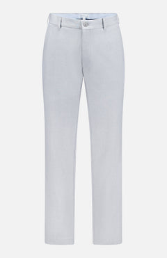 The Charlotte Performance Trouser Pant by PETER MILLAR features light gray stretch mélange fabric, belt loops, a button closure, and zip fly. Classic straight-leg style offers comfort and versatility, shown against a white background.