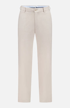The Charlotte Performance Trouser Pant by PETER MILLAR in beige stretch mélange features belt loops, a button closure, and side pockets, shown against a plain white background.