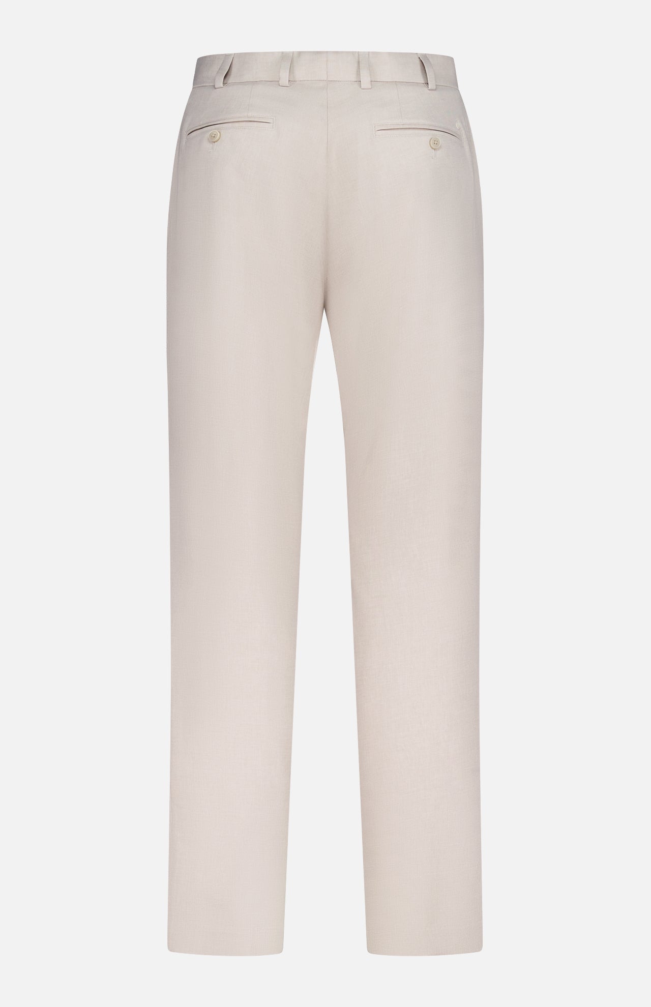 Back view of the PETER MILLAR Charlotte Performance Trouser Pant in light beige stretch mélange fabric, with belt loops, two buttoned welt pockets, and a straight leg silhouette, shown against a plain white background.