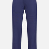 The Charlotte Performance Trouser Pant by PETER MILLAR is a straight-leg, dark blue stretch mélange trouser with belt loops, side pockets, and a front button and zipper closure, shown against a plain white background.