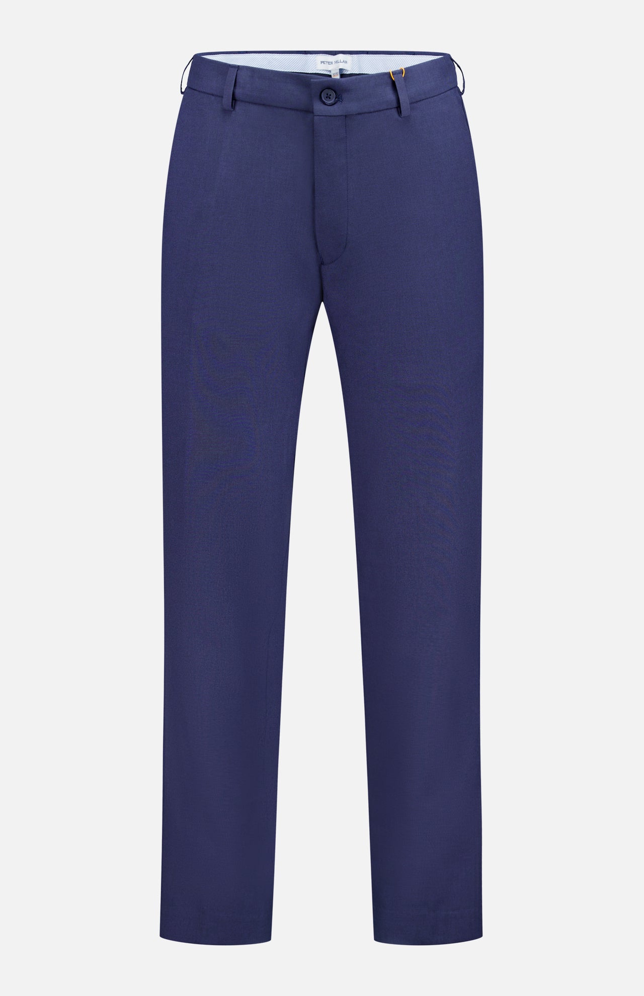 The Charlotte Performance Trouser Pant by PETER MILLAR is a straight-leg, dark blue stretch mélange trouser with belt loops, side pockets, and a front button and zipper closure, shown against a plain white background.